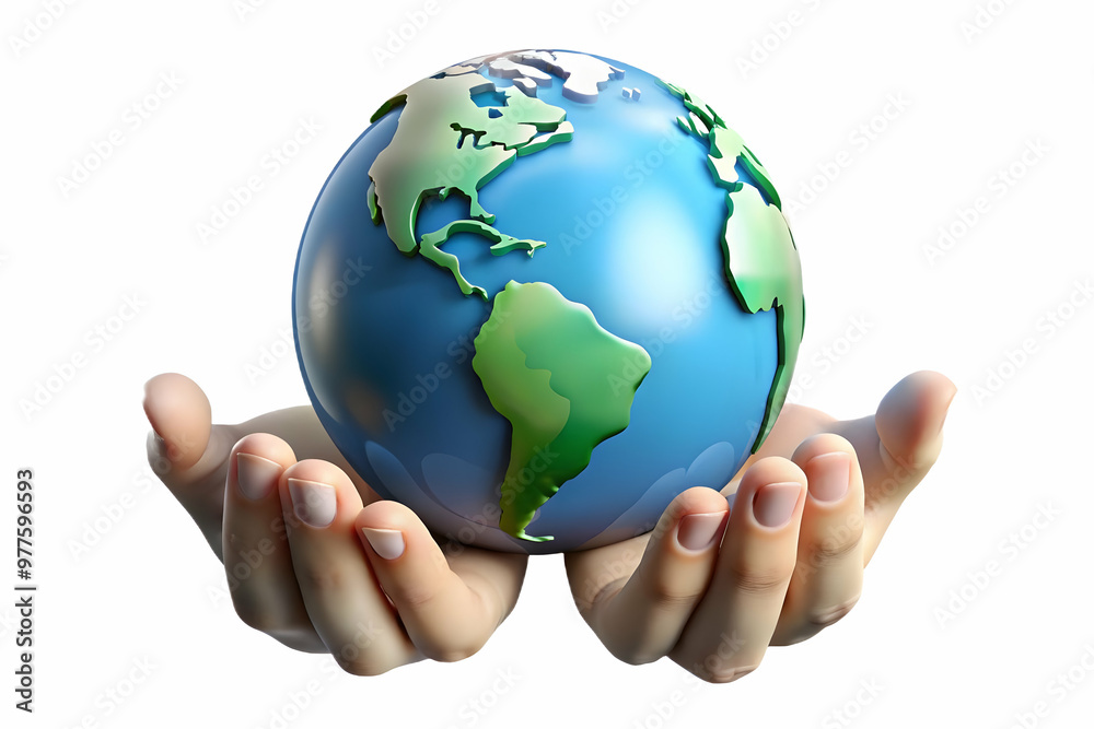 Floating Globe Held by Hands Symbolizing Global Responsibility for Human Rights Day - Unity and Justice Concept, Focused Wide Shot on White Background
