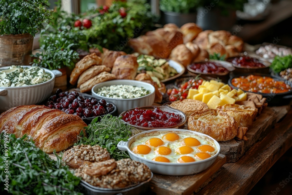 Brunch spread with a variet of dishes pastries. Village Breakfast with pastries, vegetables, greens, spreads, cheeses, fried eggs, jams. Brunch spread with a variet of dishes pastries. Village Breakfast with pastries, vegetables, greens, spreads, cheeses, fried eggs, jams.