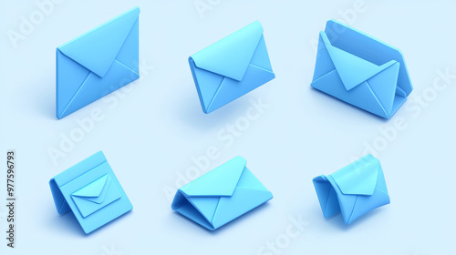 Cute, blue 3D envelopes in different stages: open, closed, with mail, and even a postcard! These icons are perfect for newsletters, email messages, and notifications.