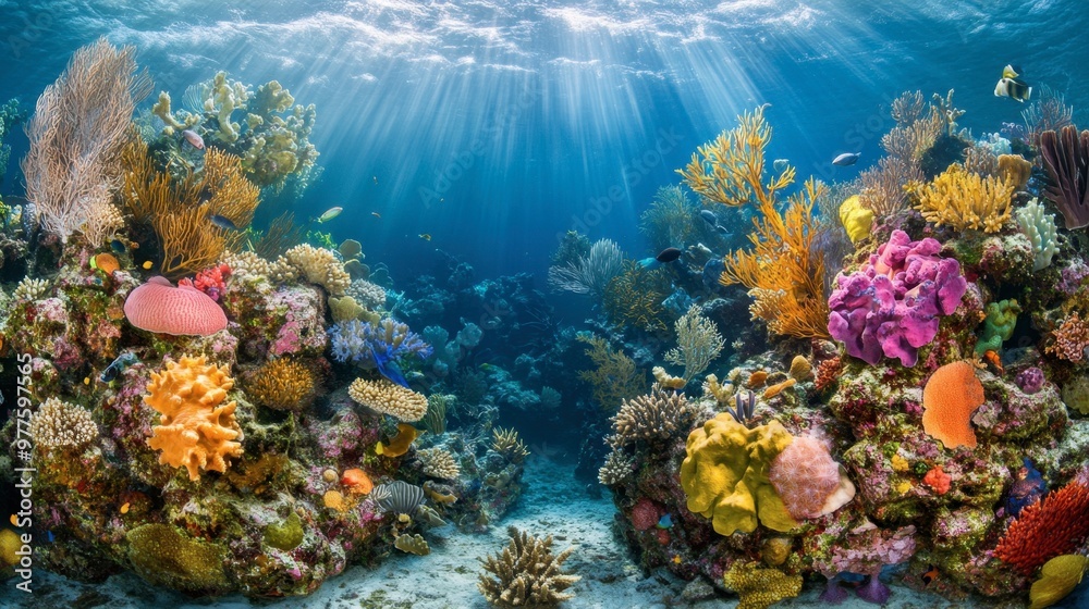 Obraz premium A vibrant undersea garden with an array of corals, sponges, and diverse marine life, showcasing the beauty of coral reefs.