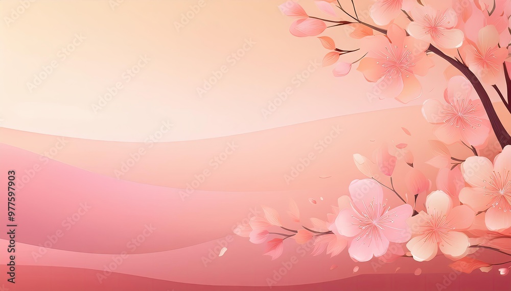 Pink blossom branch over hills