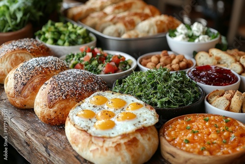 Brunch spread with a variet of dishes pastries. Village Breakfast with pastries, vegetables, greens, spreads, cheeses, fried eggs, jams.  photo