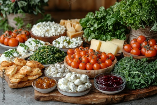 Brunch spread with a variet of dishes pastries. Village Breakfast with pastries, vegetables, greens, spreads, cheeses, fried eggs, jams.  photo