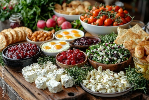 Brunch spread with a variet of dishes pastries. Village Breakfast with pastries, vegetables, greens, spreads, cheeses, fried eggs, jams.  photo