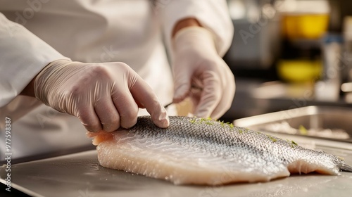 chef plating up herring fish with green leafy herbs on an industrial kitchen counter, bright natural light showcasing detailed food preparation, high-resolution close-up with white gloves in focus