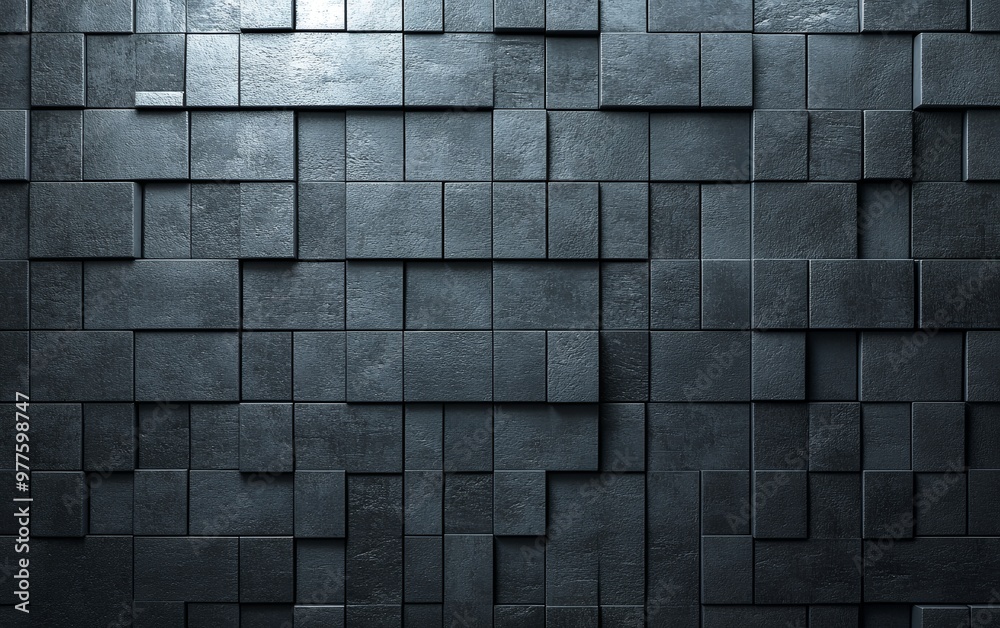 Abstract background with a wall of dark gray squares. The squares are arranged in a random pattern and the light from above creates a soft, diffused glow. Abstract background with a wall of dark gray squares. The squares are arranged in a random pattern and the light from above creates a soft, diffused glow.