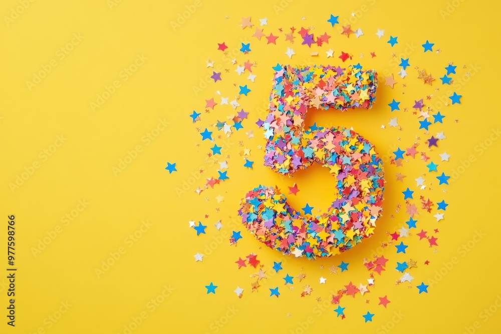 Fototapeta premium Five Years Birthday Party Celebration with Multicolored Confetti Stars on Yellow Background