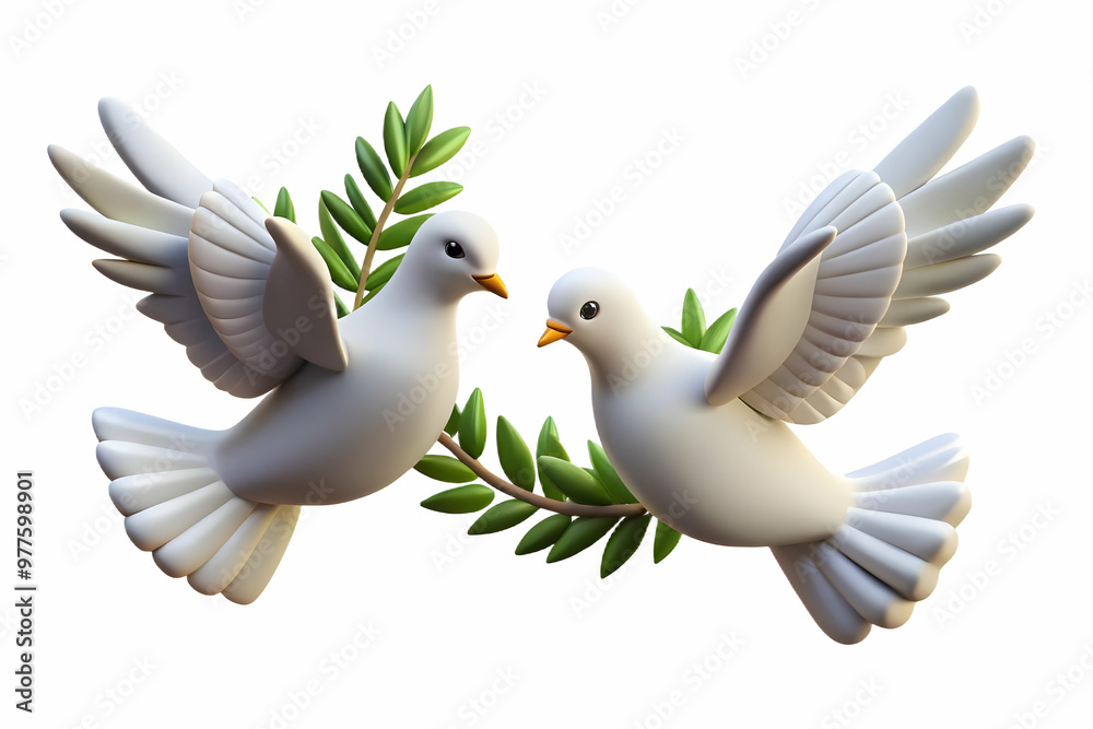 3D Floating Doves with Olive Branches Symbolizing Peace and Freedom for Human Rights Day - Isolated Icon on White Background 3D Floating Doves with Olive Branches Symbolizing Peace and Freedom for Human Rights Day - Isolated Icon on White Background