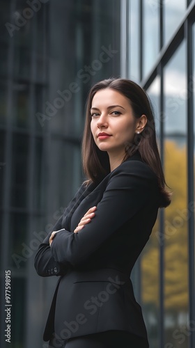 Confident businesswoman in a black suit standing in front of a modern building.