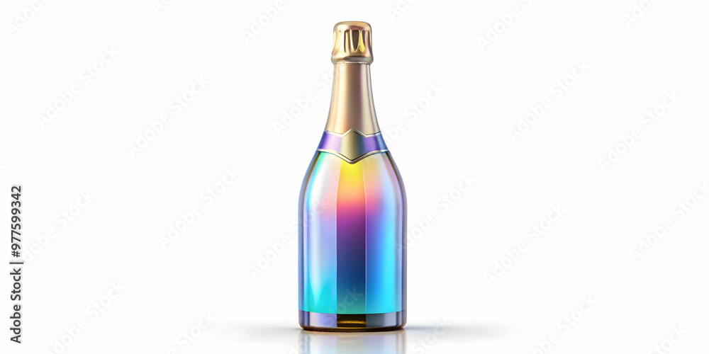 Flat Holographic Champagne Bottle Close-Up: Futuristic Design with Mesmerizing Details on White Background - Perfect for Simple Vector Illustrations Flat Holographic Champagne Bottle Close-Up: Futuristic Design with Mesmerizing Details on White Background - Perfect for Simple Vector Illustrations