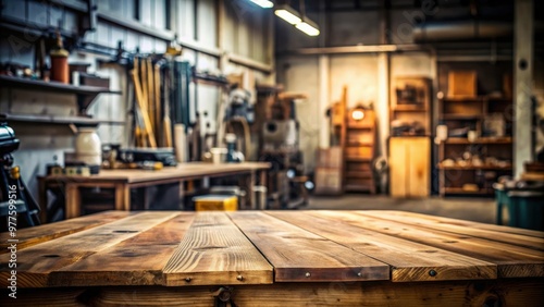 Wooden table with empty space and repair shop interior in background