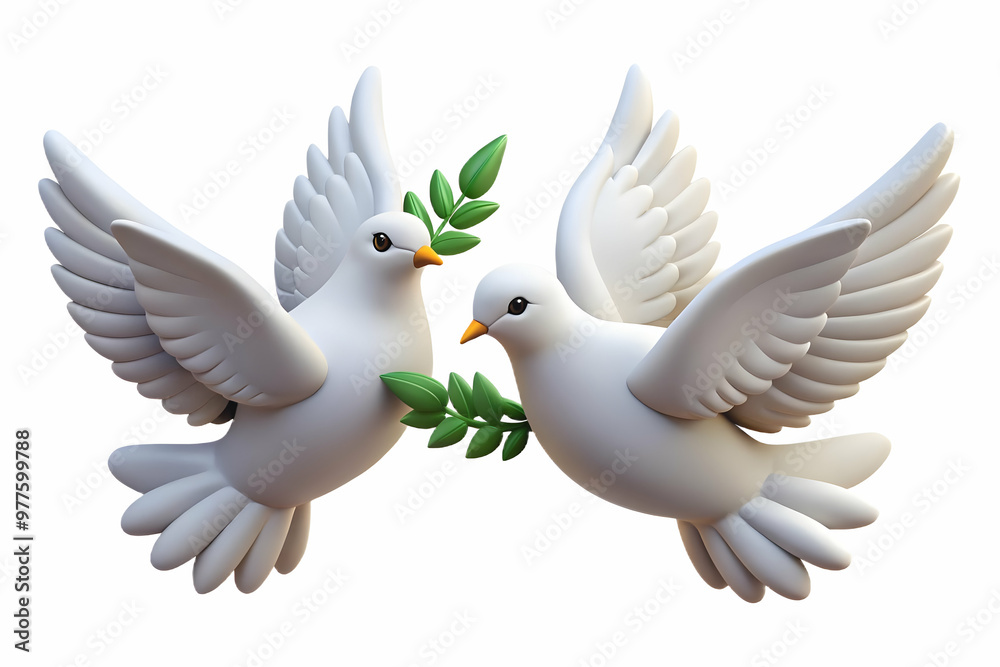 Obraz premium Flat Two Floating Doves with Olive Branches Isolated: Symbolizing Peace and Freedom for Human Rights Day in a Simple Vector Illustration
