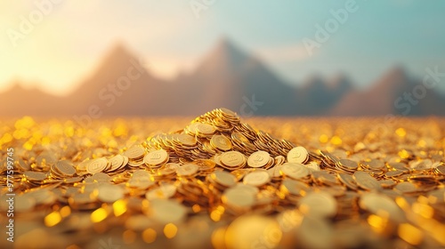 Surreal landscape where mountains are made of gold coins, symbolizing growing liquidity, wealth growth, funds management photo