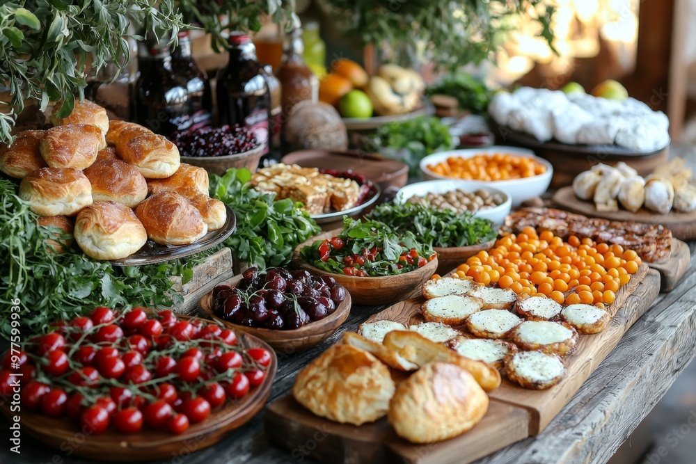 Brunch spread with a variet of dishes pastries. Village Breakfast with pastries, vegetables, greens, spreads, cheeses, fried eggs, jams. Brunch spread with a variet of dishes pastries. Village Breakfast with pastries, vegetables, greens, spreads, cheeses, fried eggs, jams.