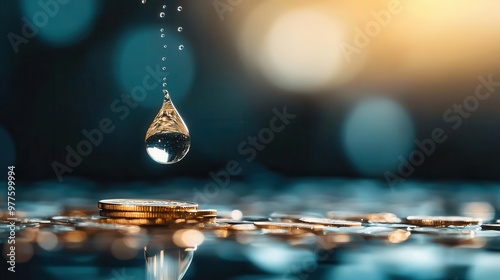 Coin shaped like a droplet of water falling into a pool of savings, liquidity, investment concept