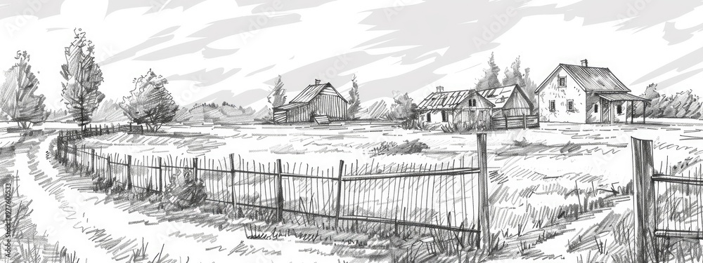 Fototapeta premium A rural landscape with rustic houses enclosed by a low wooden fence. Sketch illustration.