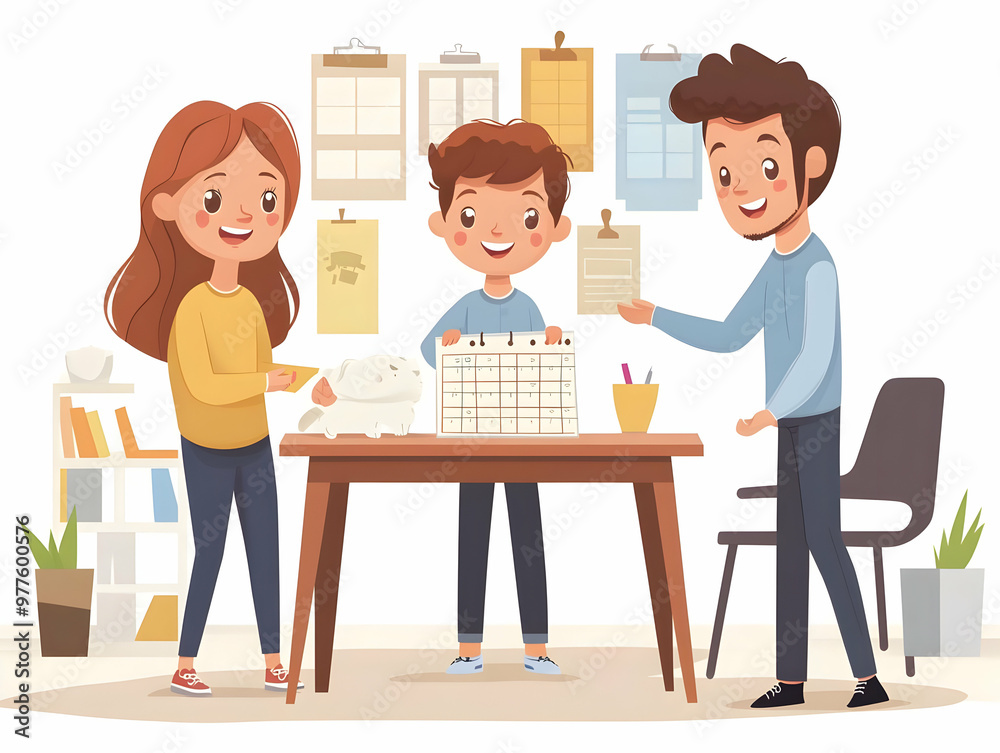 Flat Candid Family Planning Session: Joyful Family Collaborating Over 2025 Calendar in Simple Vector Illustration