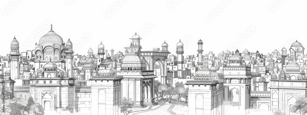 Indian city landscape, Sketch illustration. Indian city landscape, Sketch illustration.