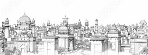 Indian city landscape, Sketch illustration.