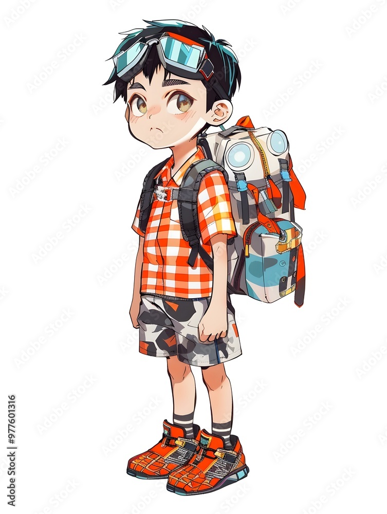 A character with glasses and an oversized backpack stands confidently, showcasing a detailed and adventurous design. A character with glasses and an oversized backpack stands confidently, showcasing a detailed and adventurous design.