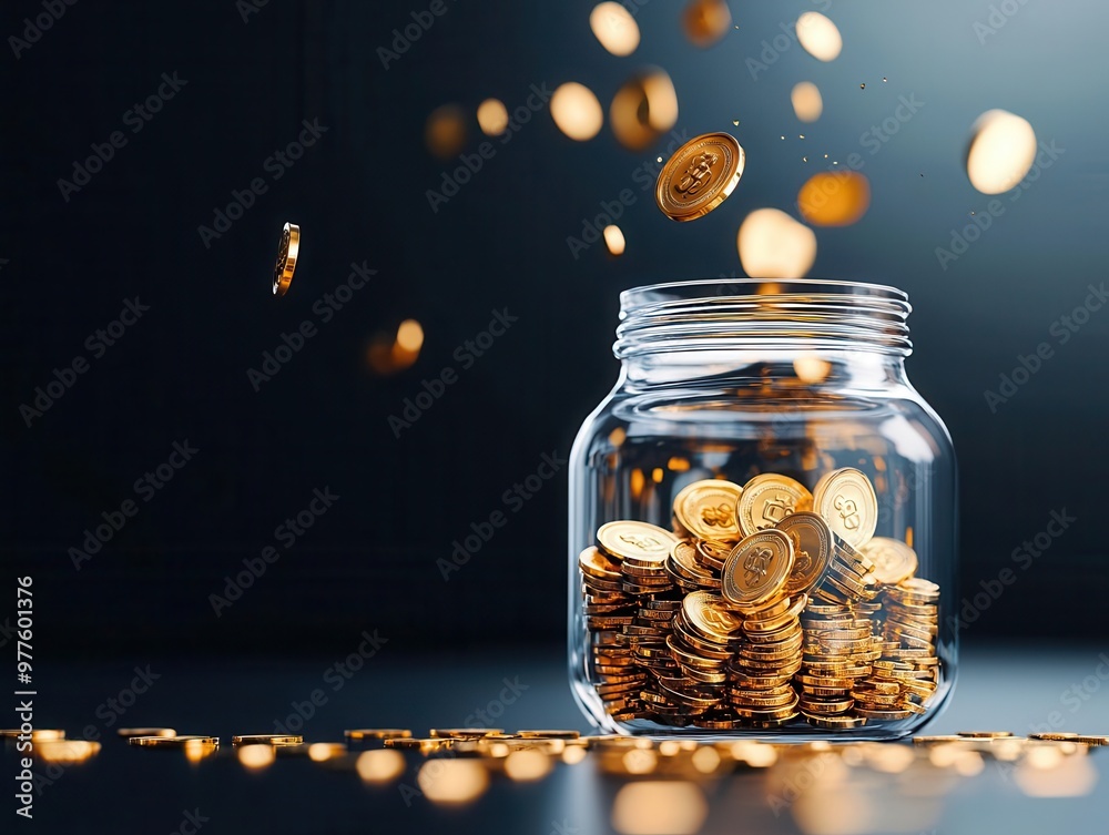 Rain of golden coins into an overflowing jar, representing financial abundance and liquidity, liquid assets, wealth building Rain of golden coins into an overflowing jar, representing financial abundance and liquidity, liquid assets, wealth building
