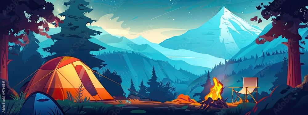 Night landscape camp in a forest with tents and campfire. Cartoon illustration. Night landscape camp in a forest with tents and campfire. Cartoon illustration.