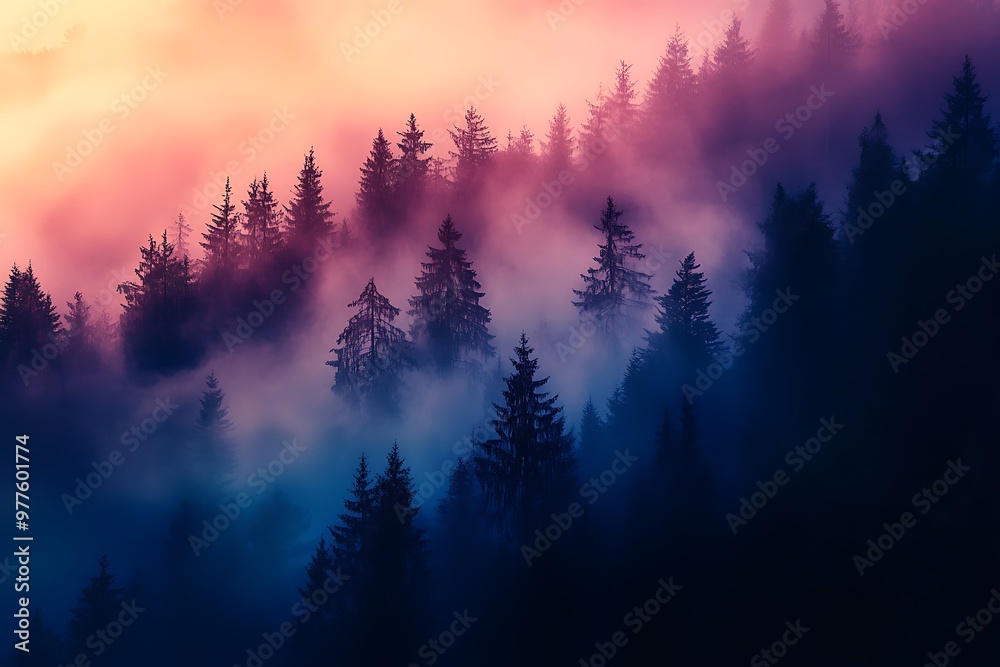 Misty Forest Sunset Landscape with Silhouetted Pine Trees Misty Forest Sunset Landscape with Silhouetted Pine Trees