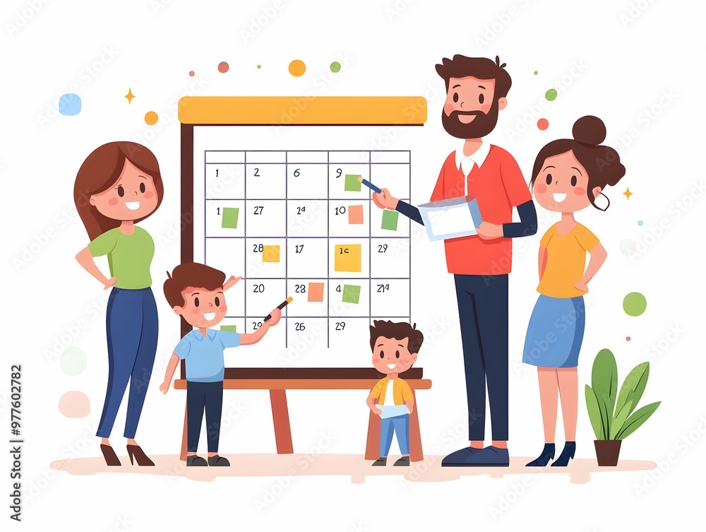 Obraz premium Flat Candid Family Calendar Night Illustration: Capture 2025 Planning Moments with Joyful Interactions and Activities