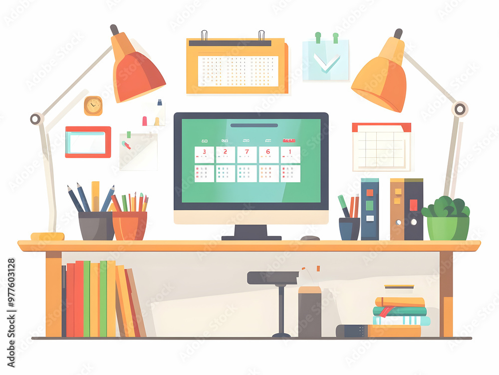 Flat Creative Workspace with 2025 Calendar: Art Supplies, Inspirational Quotes, and Planning for Success in a Smart Business Tone Illustration