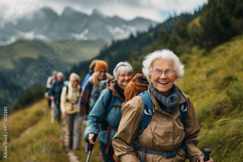 A photo of a group of seniors hiking in the mountains