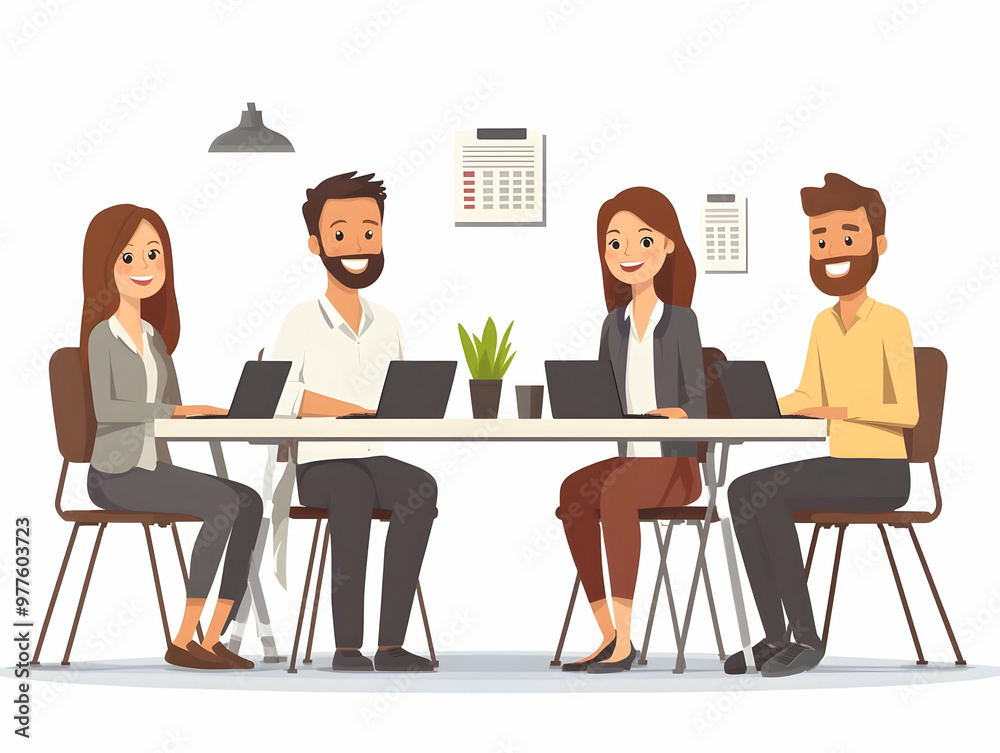 Flat Vector Illustration of a Candid Office Team Meeting: Collaborating on 2025 Goals with Calendars in a Modern Workspace Flat Vector Illustration of a Candid Office Team Meeting: Collaborating on 2025 Goals with Calendars in a Modern Workspace