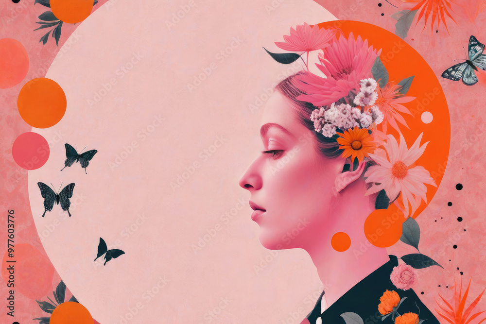 Side profile of a surreal portrait woman with floral and botanical elements in an abstract circular composition in pink and orange colors. Side profile of a surreal portrait woman with floral and botanical elements in an abstract circular composition in pink and orange colors.
