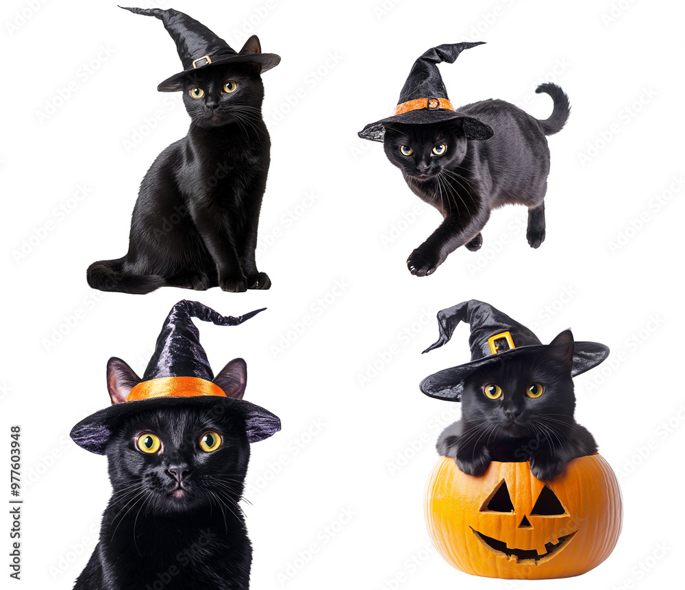 Set Collection of Black Cats for Halloween: Black Cat Wearing a Witch Hat, Running, Close-Up, with Halloween Pumpkin, Sitting, Isolated on Transparent Background, PNG Set Collection of Black Cats for Halloween: Black Cat Wearing a Witch Hat, Running, Close-Up, with Halloween Pumpkin, Sitting, Isolated on Transparent Background, PNG