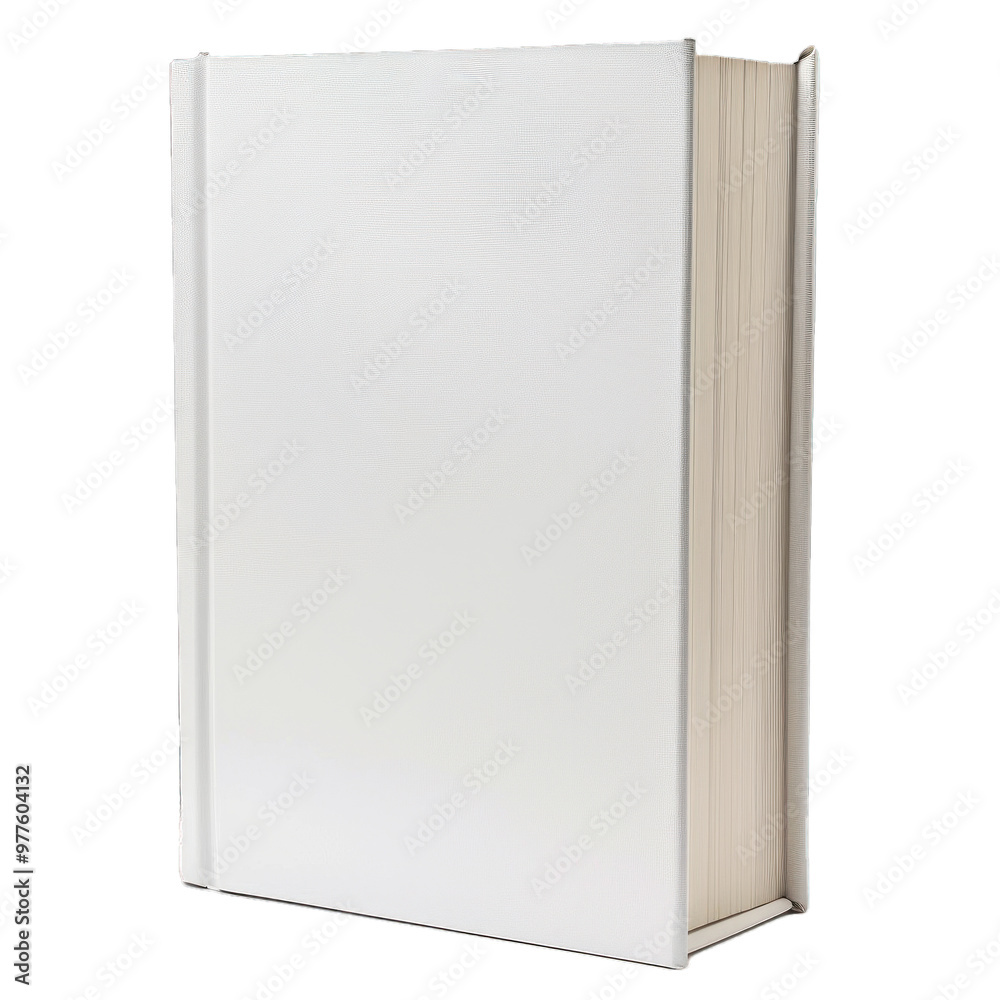 Thick hardcover book with a blank white cover is standing upright Thick hardcover book with a blank white cover is standing upright