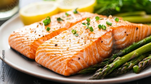 intricate plating of salmon fillets with asparagus, lemon slices, and herbs on a plate, captured in close-up. The focus is sharp on the food, with a soft background bokeh to highlight its details