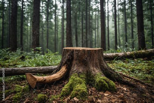 Forest tree stump nearby, symbolizing deforestation