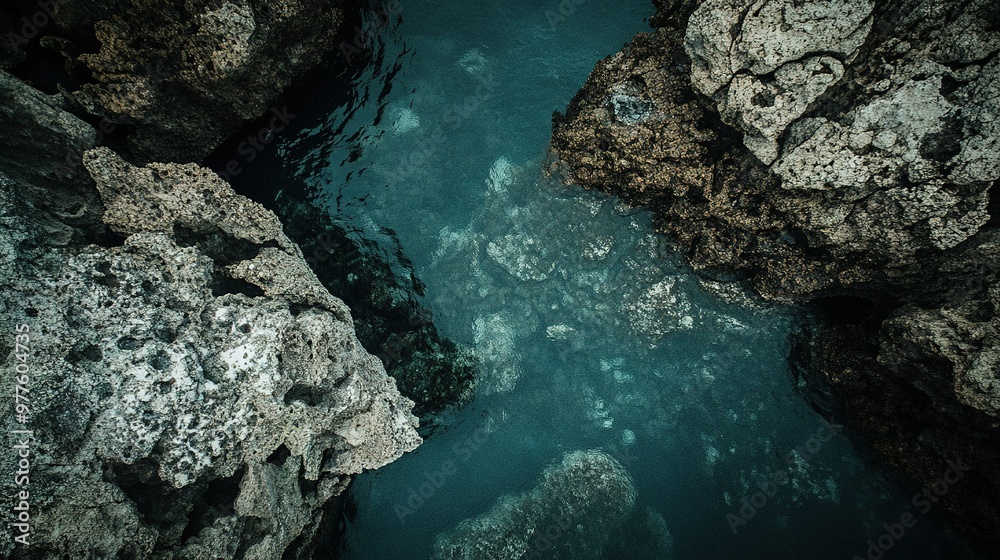 Clear turquoise waters between rocky formations at the shoreline during early morning light on a serene day