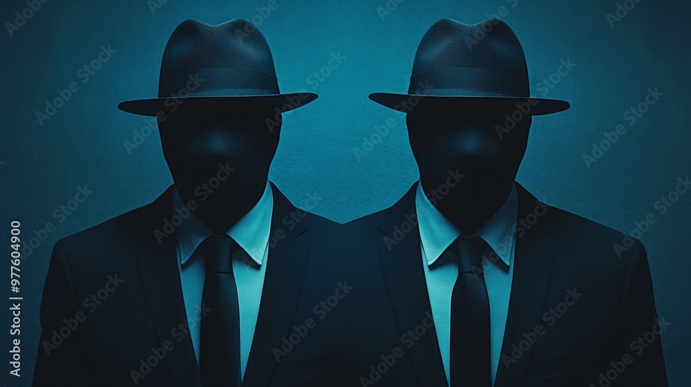 Two men wearing black suits and hats are standing next to each other Two men wearing black suits and hats are standing next to each other