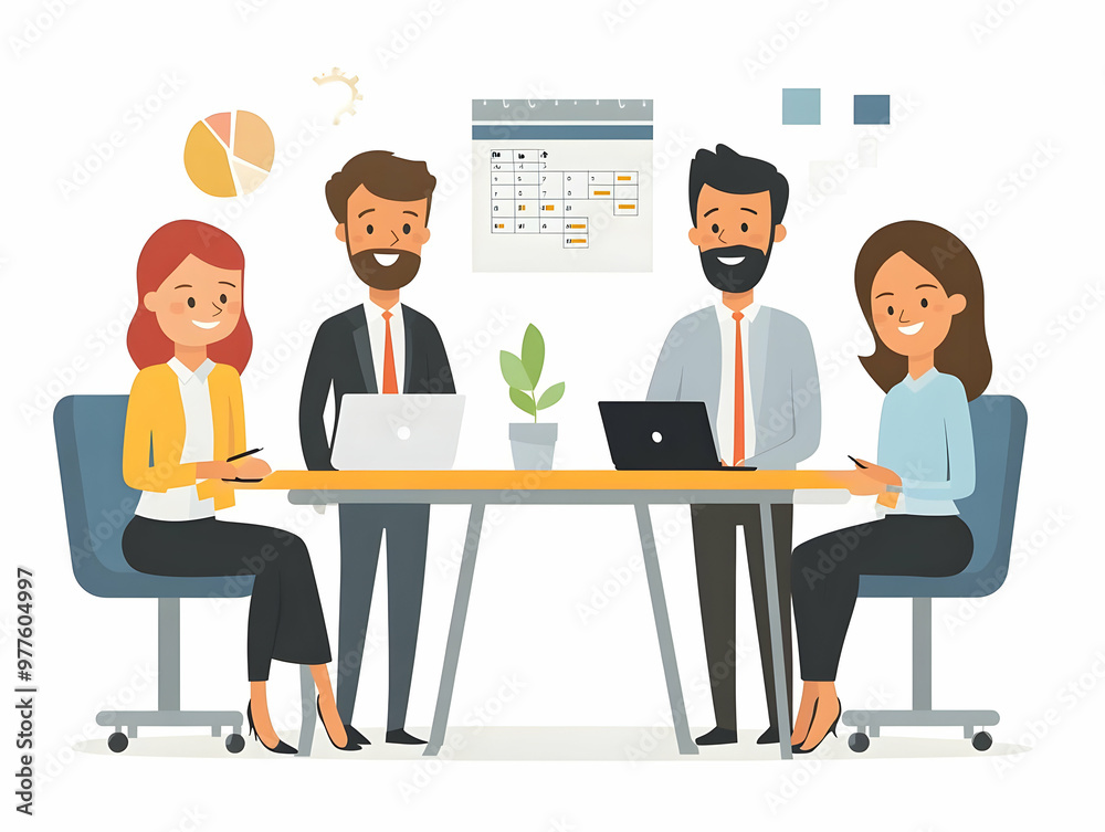 Flat Candid Office Team Meeting Illustration: Team Discussing 2025 Goals with Calendars, Showcasing Collaboration and Teamwork in a Smart Business Tone Flat Candid Office Team Meeting Illustration: Team Discussing 2025 Goals with Calendars, Showcasing Collaboration and Teamwork in a Smart Business Tone
