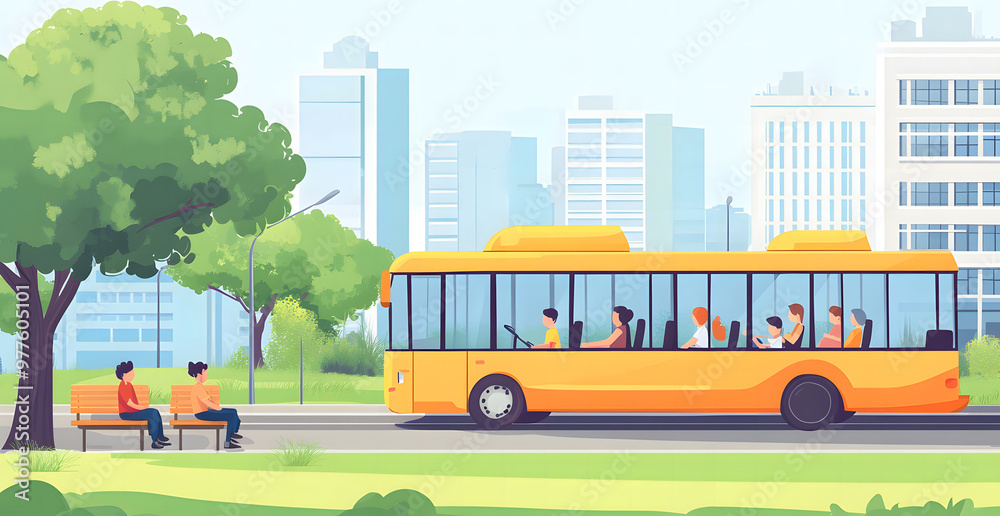 Urban Public Bus Stop with People Waiting and Cityscape in the Background Urban Public Bus Stop with People Waiting and Cityscape in the Background