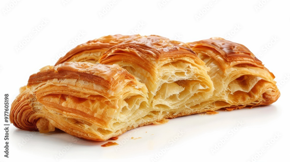Freshly baked croissant with golden layers on a white background Freshly baked croissant with golden layers on a white background
