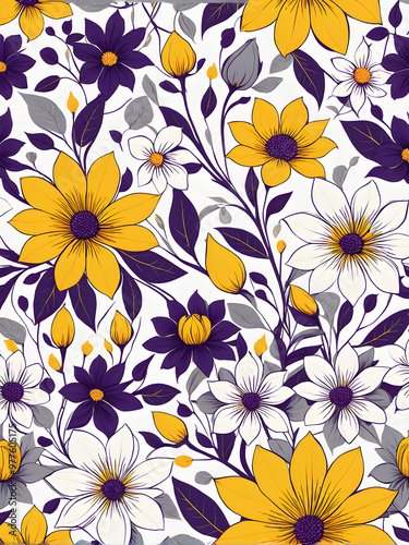 Vibrant Seamless Floral Pattern with Stylized Flowers and Leaves on White Background 