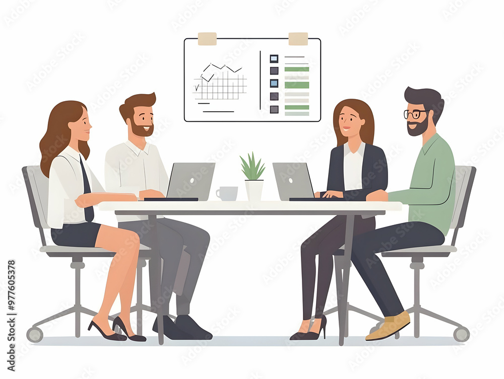 Flat Vector Illustration of a Candid Office Team Meeting Discussing 2025 Goals with Calendars, Showcasing Collaboration and Teamwork Flat Vector Illustration of a Candid Office Team Meeting Discussing 2025 Goals with Calendars, Showcasing Collaboration and Teamwork