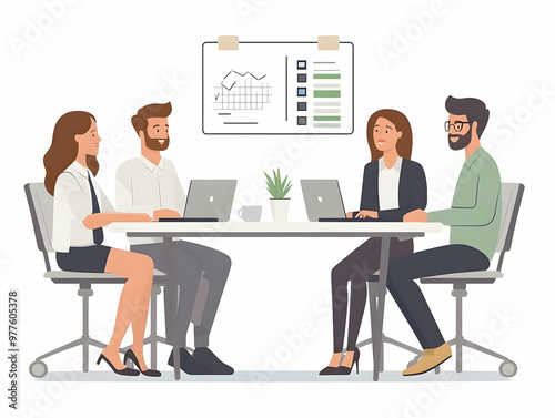 Flat Vector Illustration of a Candid Office Team Meeting Discussing 2025 Goals with Calendars, Showcasing Collaboration and Teamwork