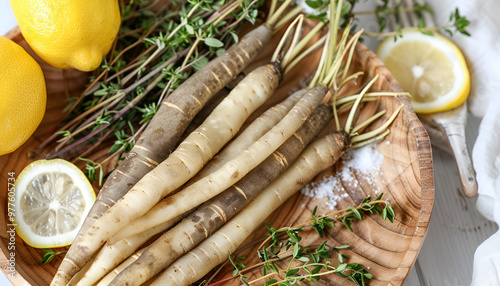 Dish with raw salsify roots, lemon and thyme on white wooden table, closeup. Space for text photo