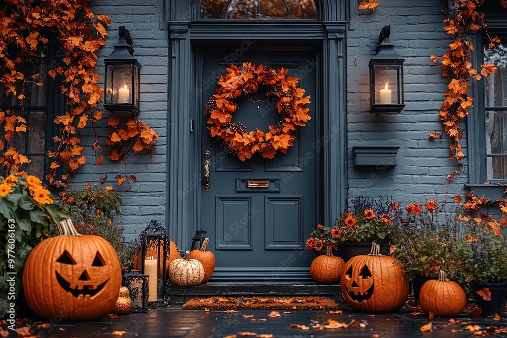 Fototapeta premium Halloween pumpkin decorations. Pumpkin for decorated house. Halloween Decorated at front yard of a American home. Halloween decorated front door with pumpkins.