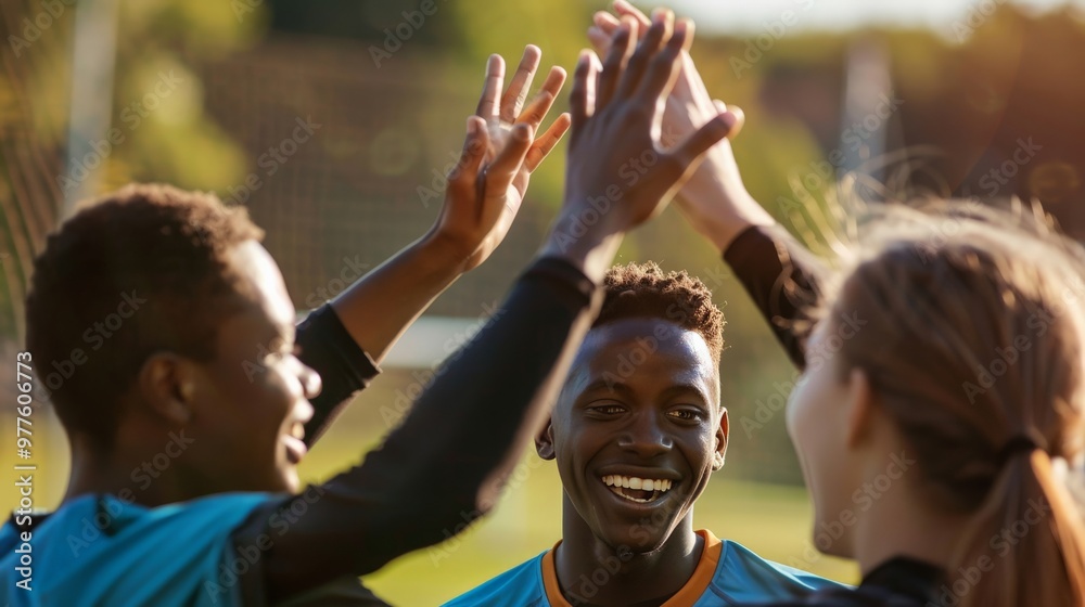 Friends giving each other high-fives during a sports game Friends giving each other high-fives during a sports game