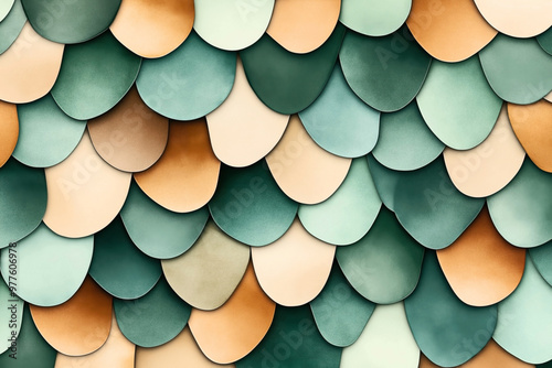 Abstract background featuring overlapping petal-shaped elements in various shades of green, beige, and orange, creating a textured, layered pattern.