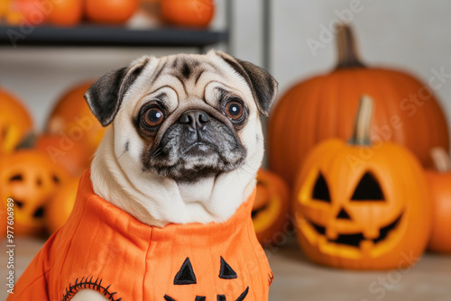 Capture the festive spirit of Halloween with a playful pug dressed in a pumpkin costume, set against a backdrop of carved pumpkins, perfect for pet lovers and seasonal celebrations. photo