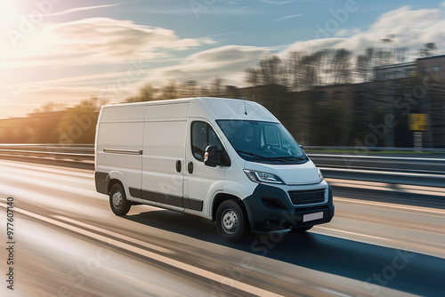 A white van is driving down a road with trees in the background.,